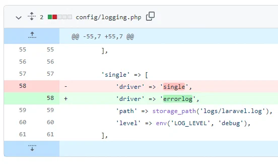 config/logging.php where value for the key "driver"​ has been changed to "errorlog"​