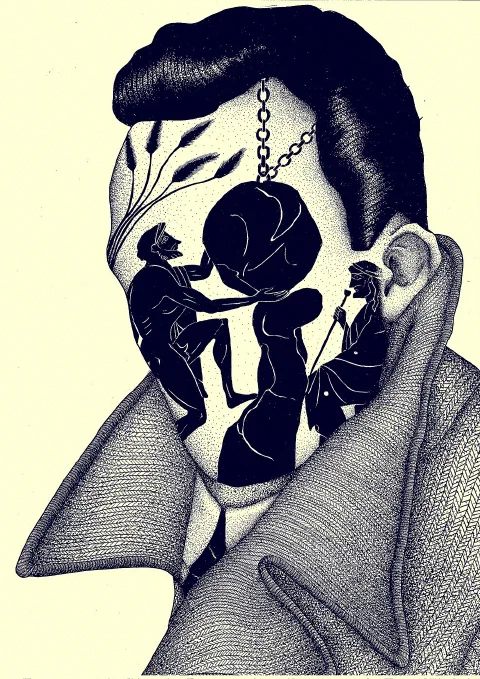 An artistic impression of the writer and philosopher Albert Camus with the image of Sisyphus cast across his face.
